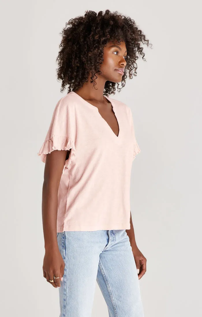 Avery Slub Ruffle Sleeve Top | White, Pink Sky