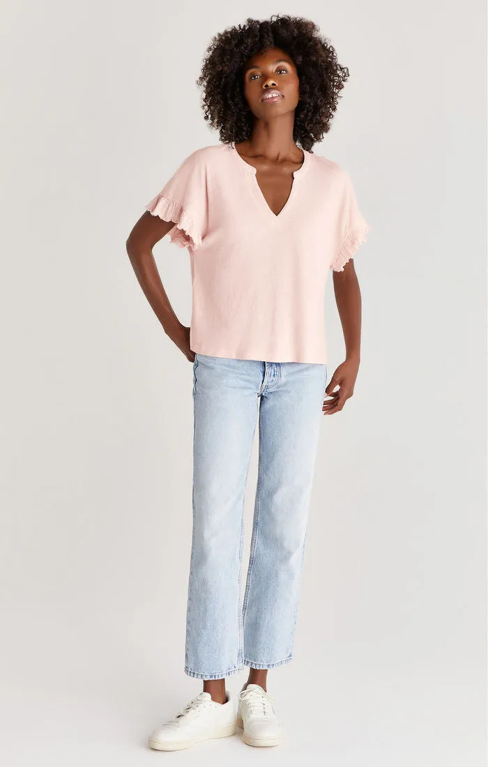 Avery Slub Ruffle Sleeve Top | White, Pink Sky