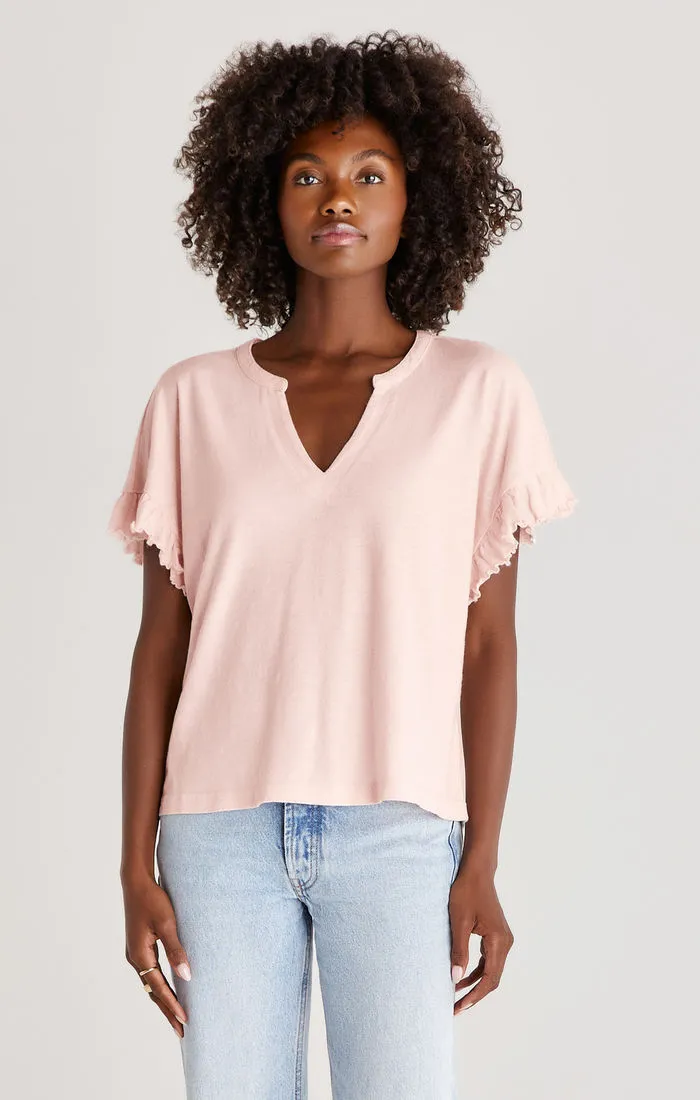 Avery Slub Ruffle Sleeve Top | White, Pink Sky