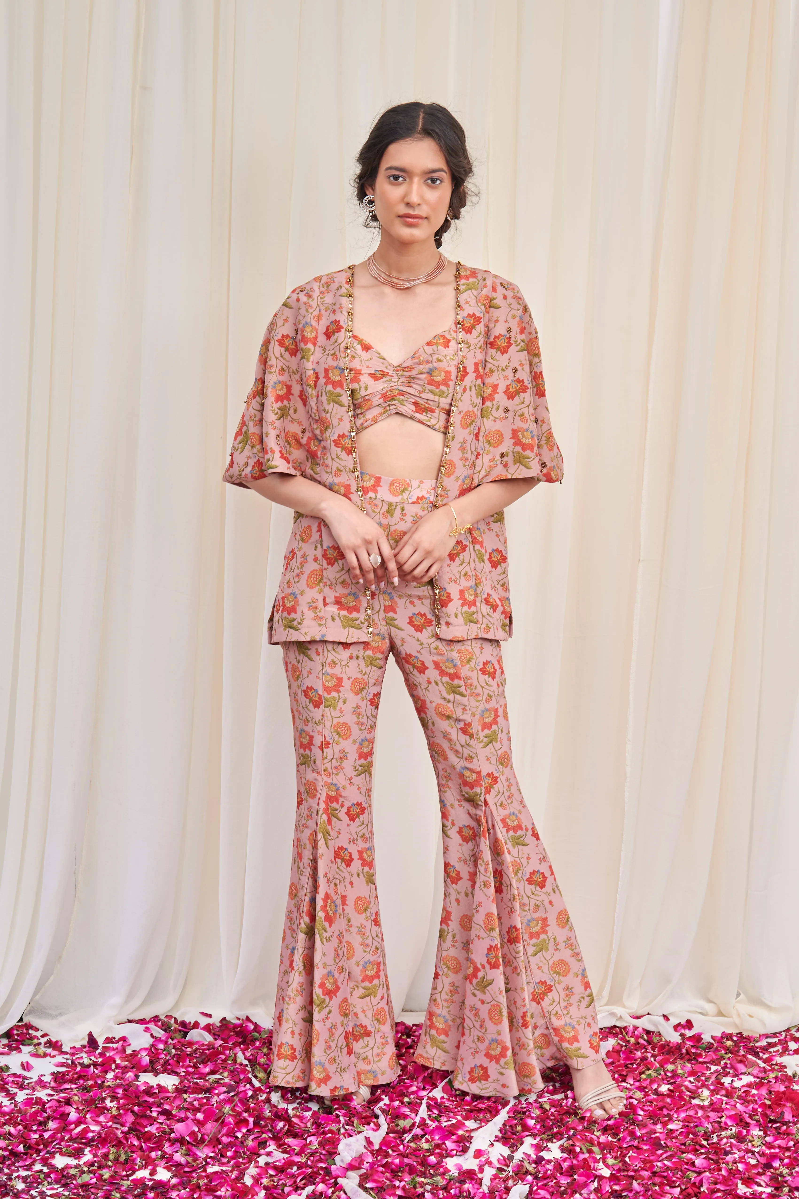 Bherunda Pink Tissue Floral Printed blouse with pants and Cape