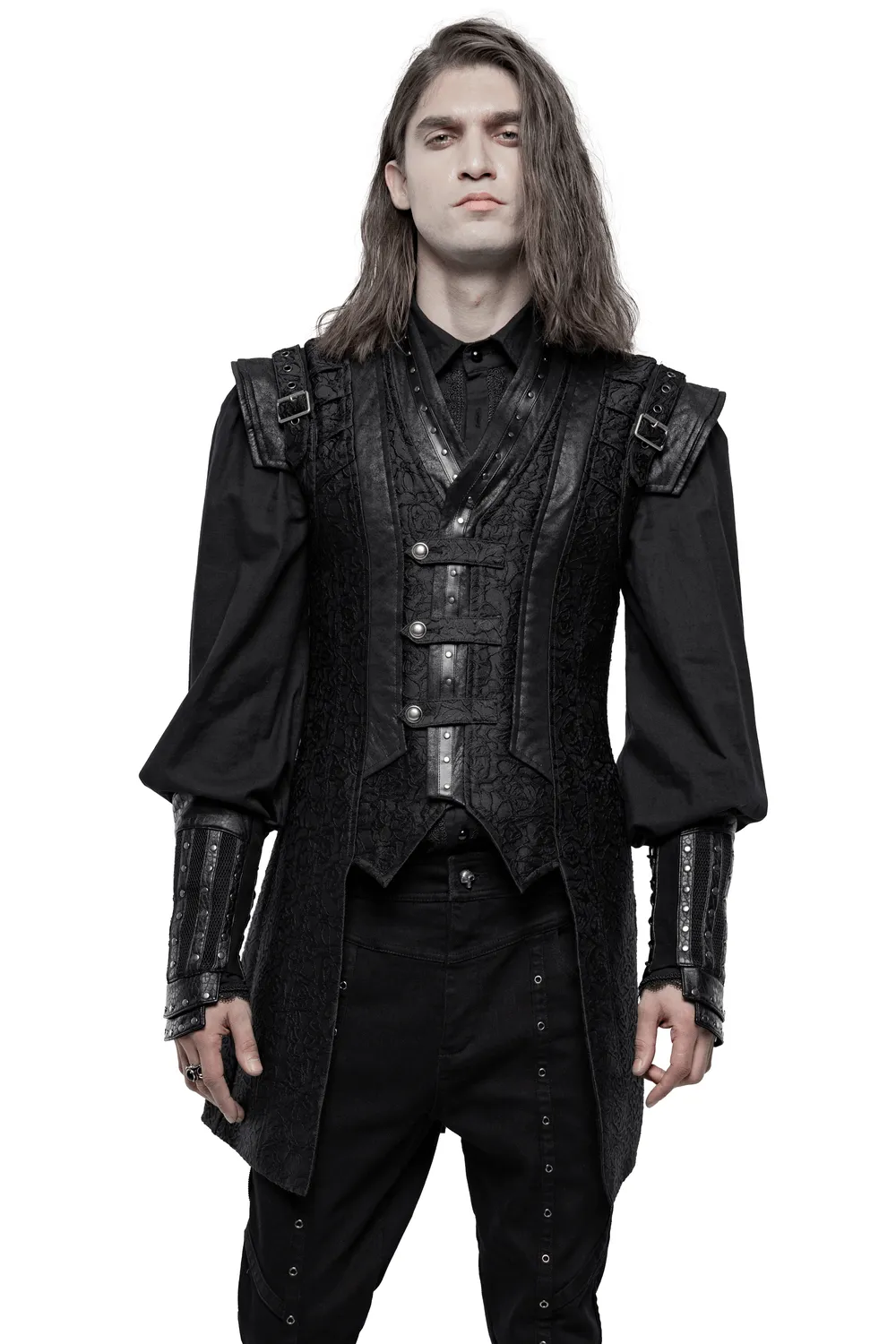 Black Gothic Jacquard Waistcoat with Buckle Accents