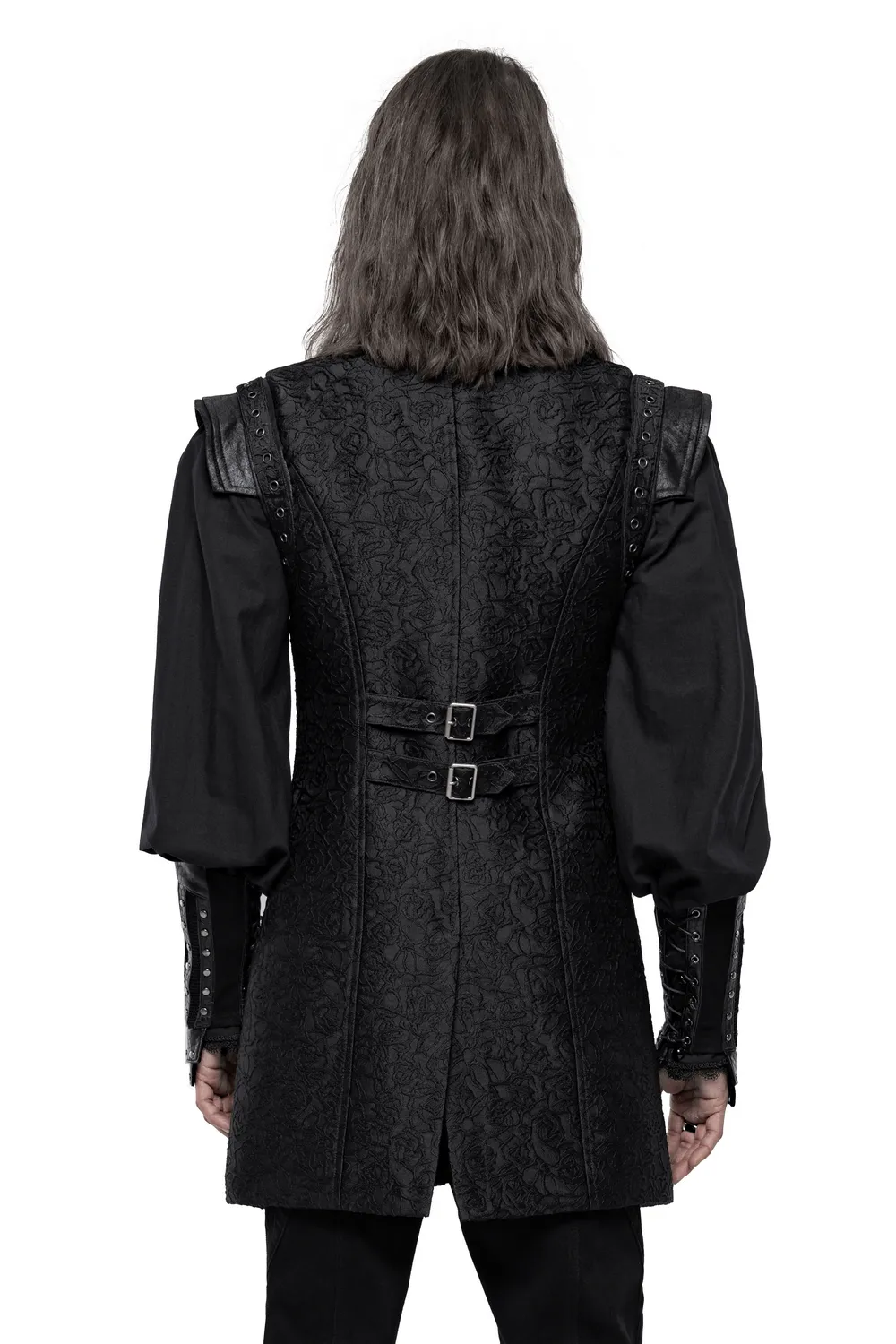 Black Gothic Jacquard Waistcoat with Buckle Accents