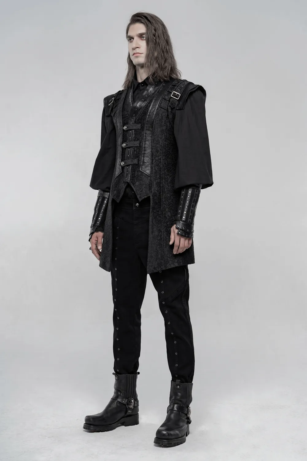 Black Gothic Jacquard Waistcoat with Buckle Accents