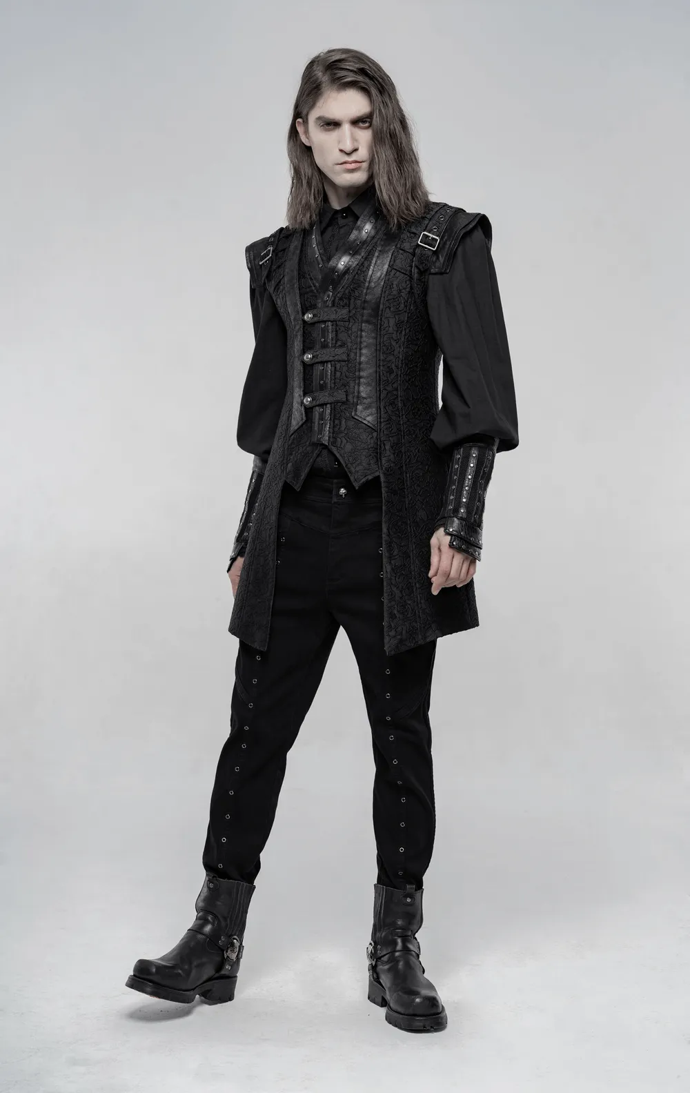 Black Gothic Jacquard Waistcoat with Buckle Accents