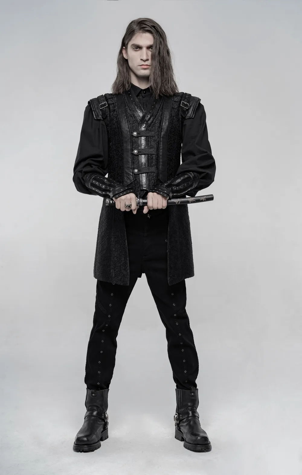 Black Gothic Jacquard Waistcoat with Buckle Accents