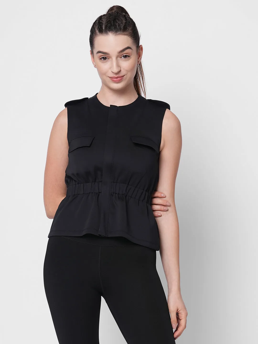 Black sporty sleeveless peplum jacket