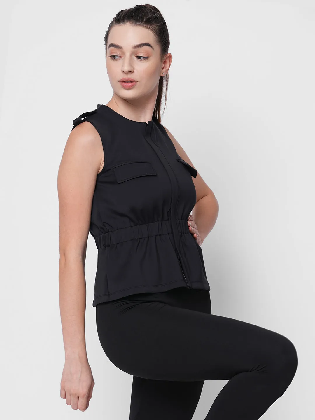 Black sporty sleeveless peplum jacket