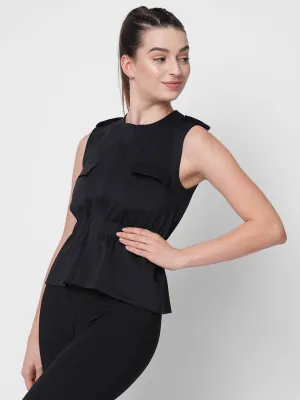 Black sporty sleeveless peplum jacket