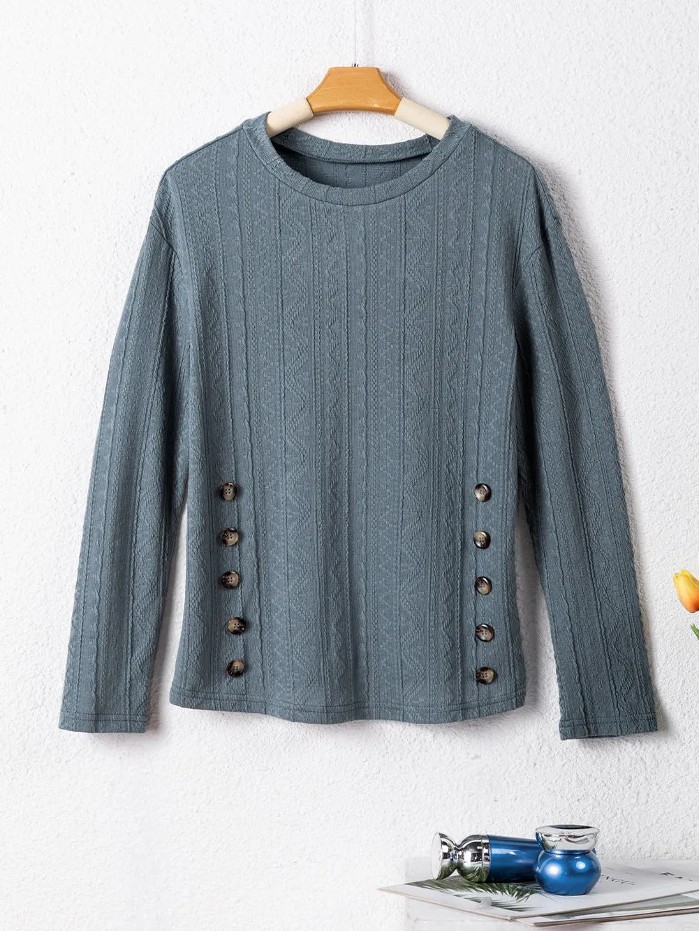 Blue Textured Buttoned Round Neck Long Sleeve Top for Women