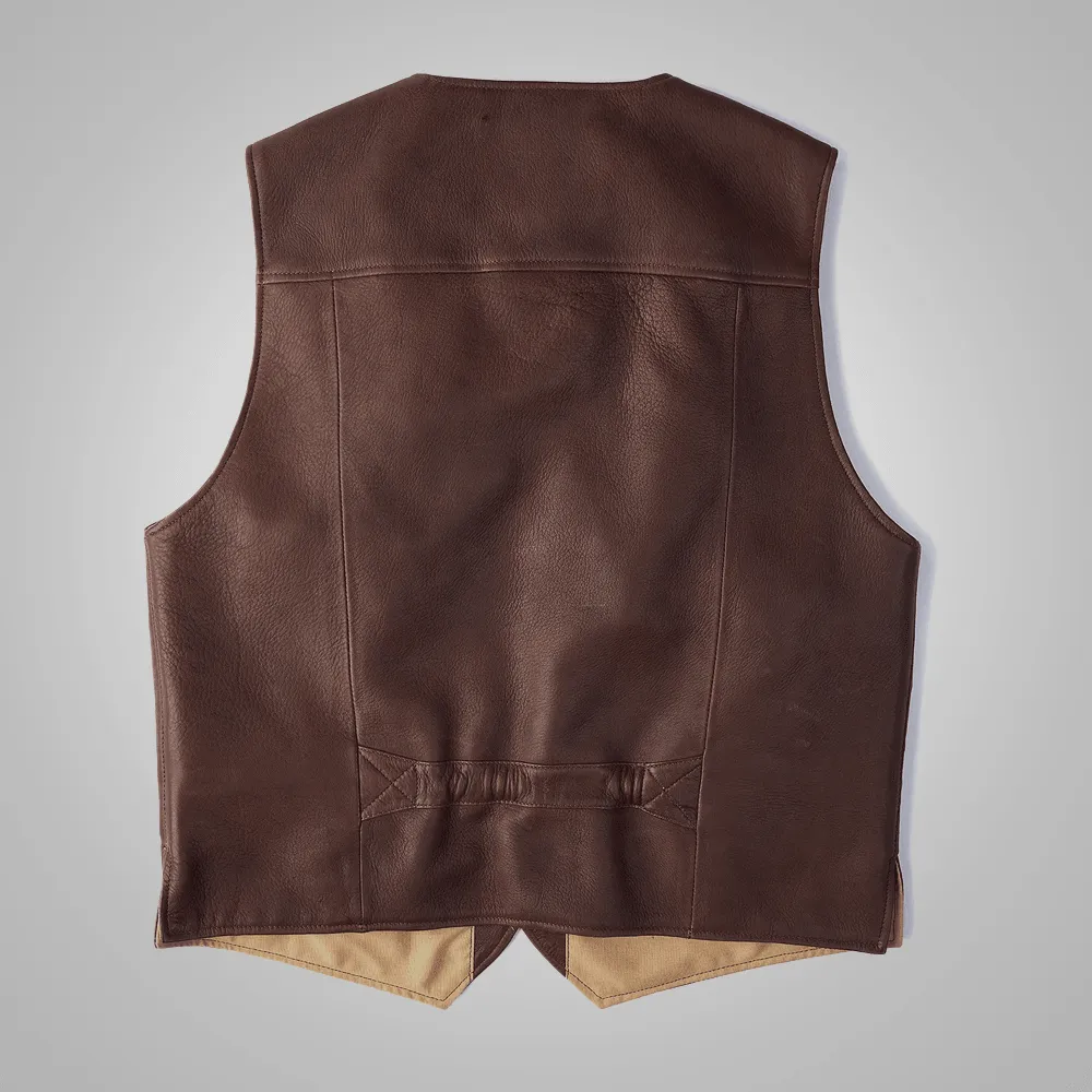 Brown Men Multi Pocket Stlye Buckskin Vest