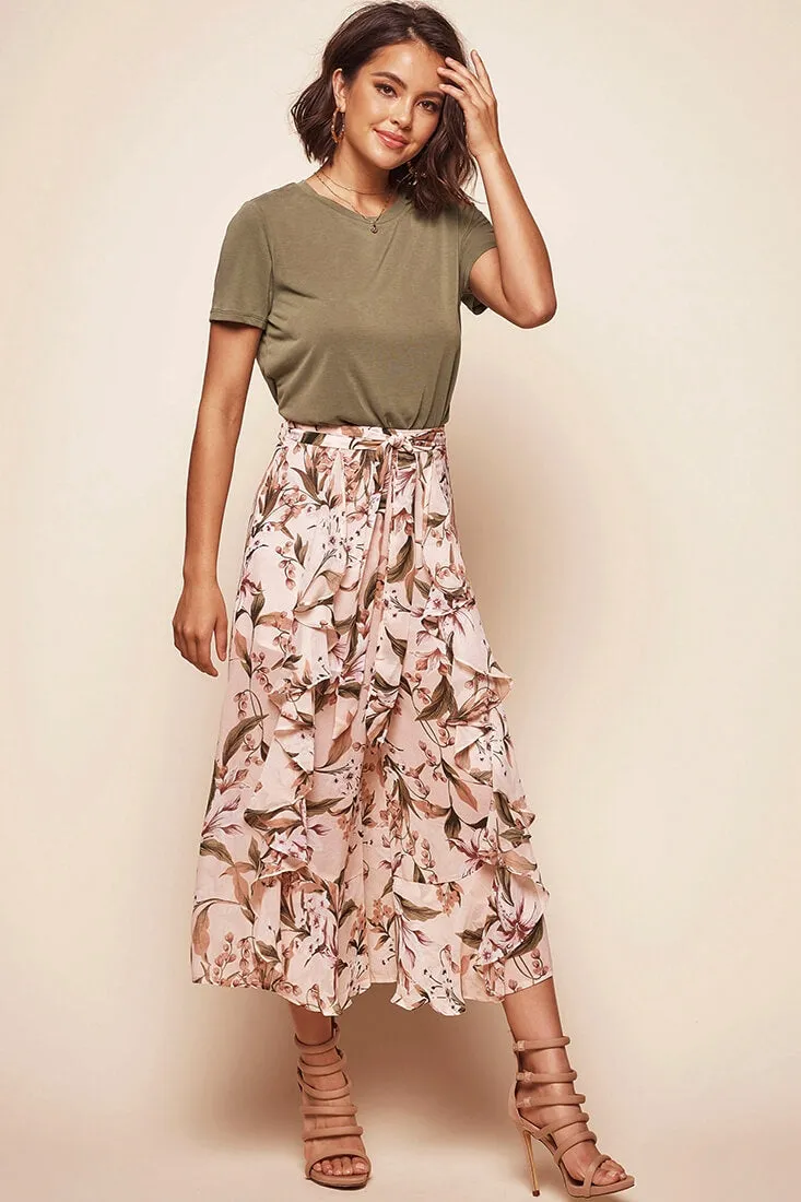 Constance Wide Leg Ruffle Pants Nude Print