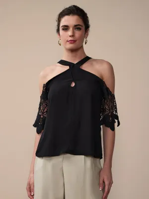 Crochet Sleeve Criss Cross Blouse