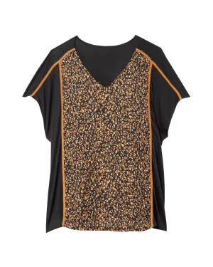 Dinah Short Sleeve Woven Front Top | Black / Tan