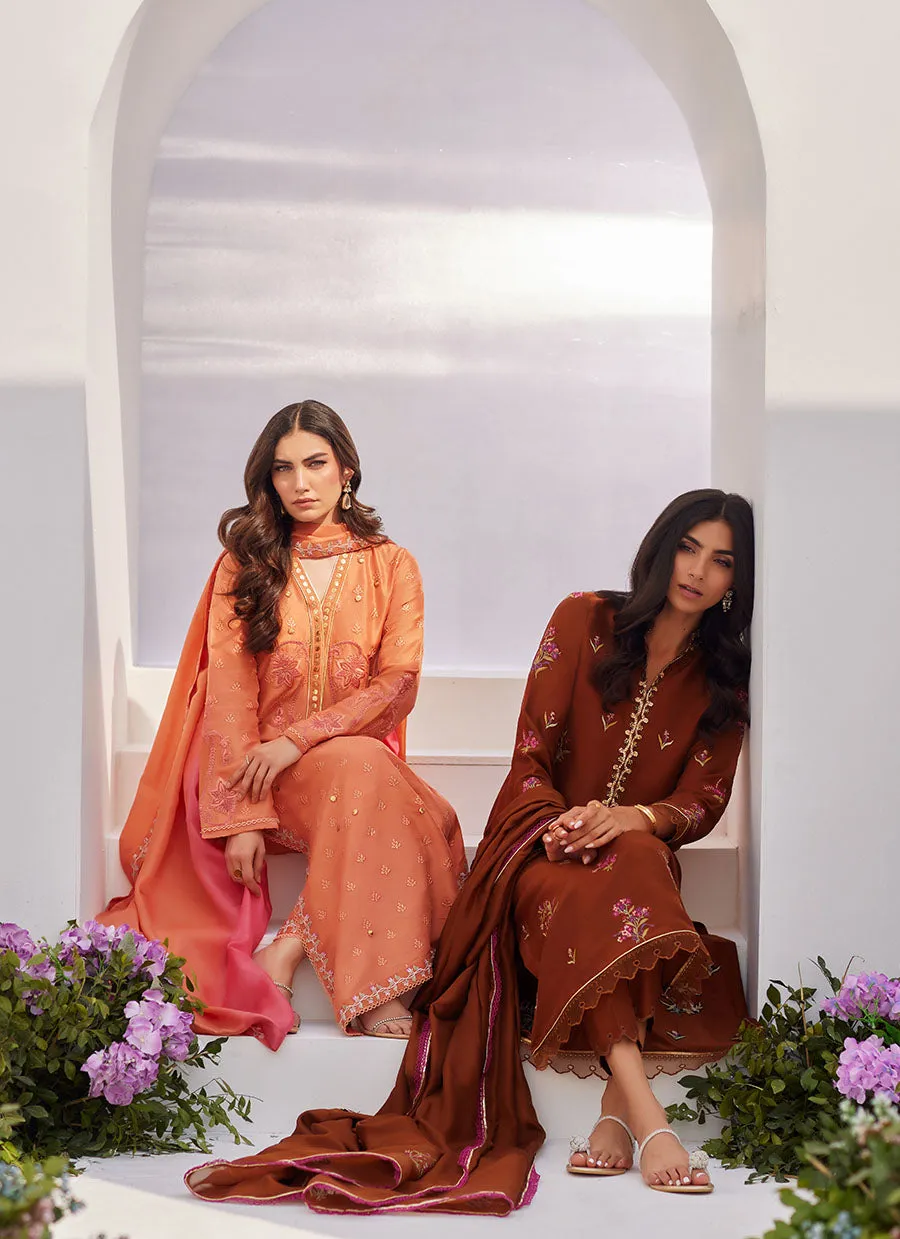 Elyna Coral Embroidered Raw Silk Shirt and Dupatta