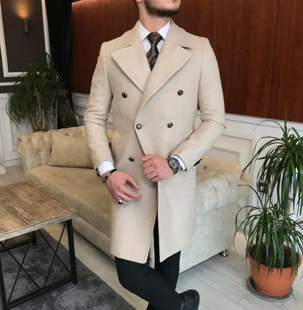 Frost Slim Fit Beige Double Breasted Wool Over Coat by ITALIAN VEGA®