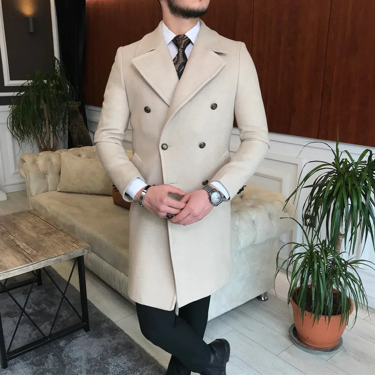 Frost Slim Fit Beige Double Breasted Wool Over Coat by ITALIAN VEGA®