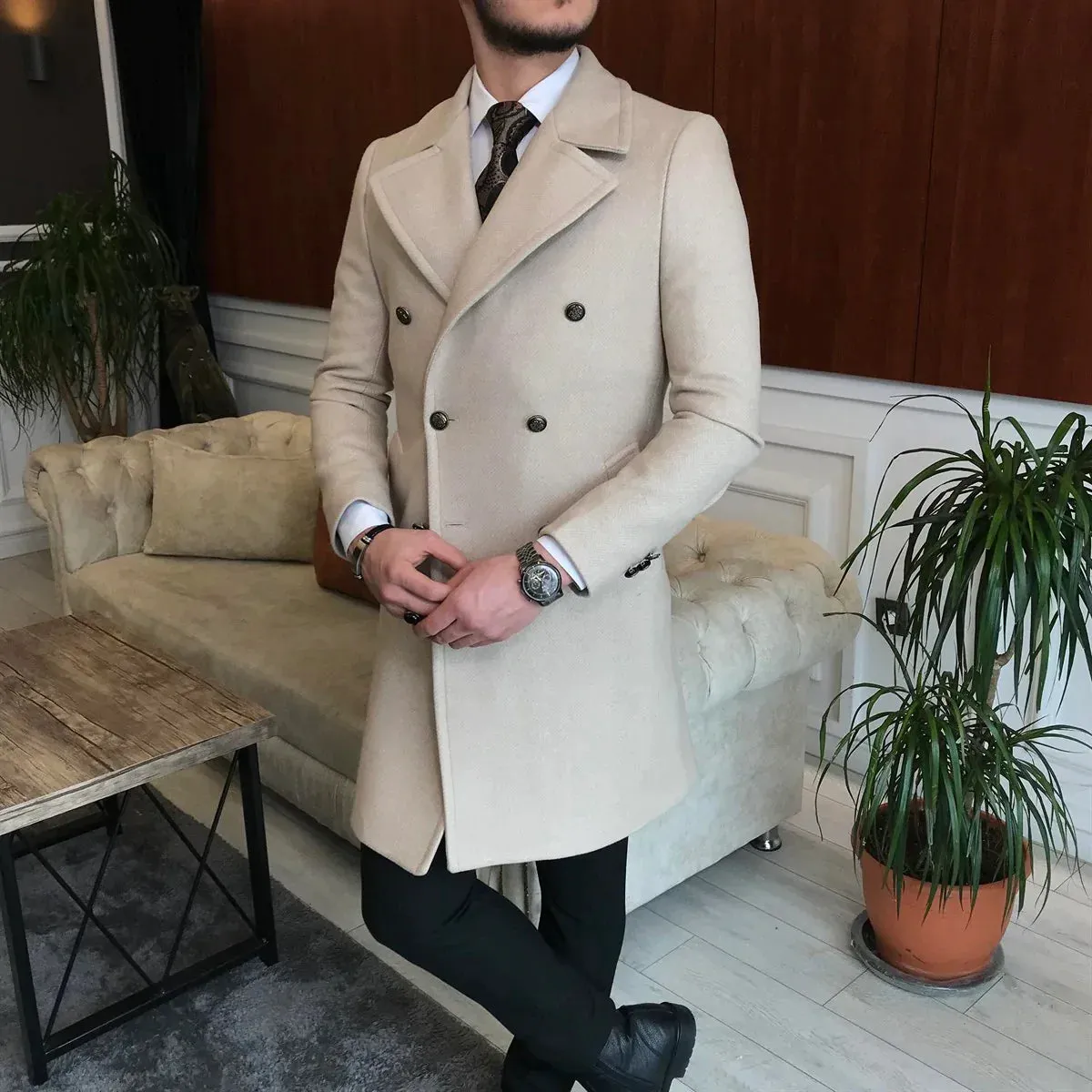 Frost Slim Fit Beige Double Breasted Wool Over Coat by ITALIAN VEGA®