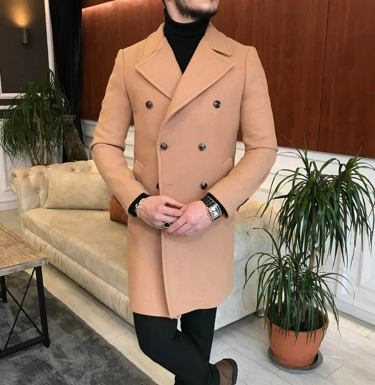 Frost Slim Fit Camel Double Breasted Wool Over Coat by ITALIAN VEGA®