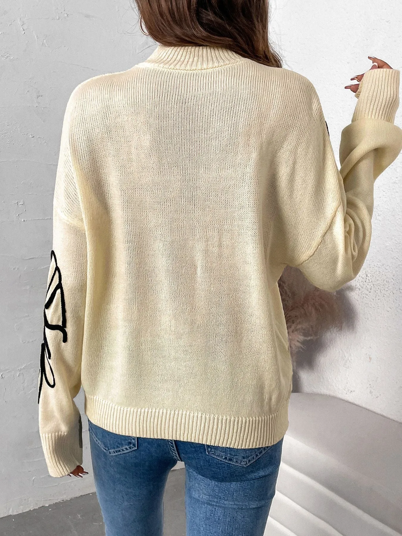 Half Turtleneck Flower Pattern Sweater Women