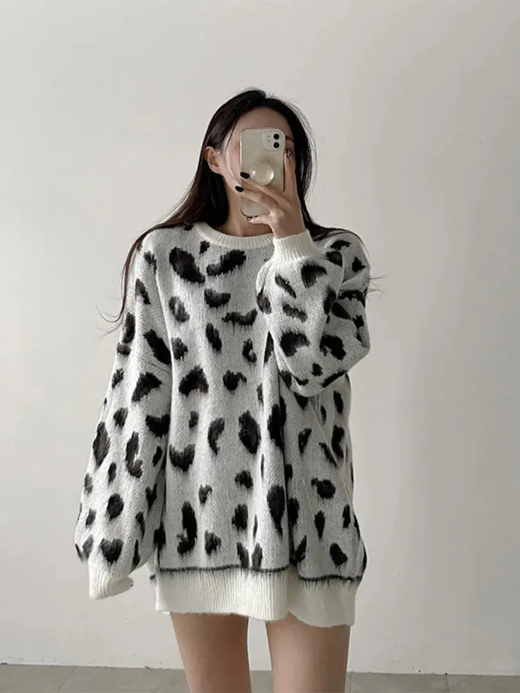 Leopard Print Warm Oversized Pullover Women Elegant Round Neck Long Sleeve Sweater