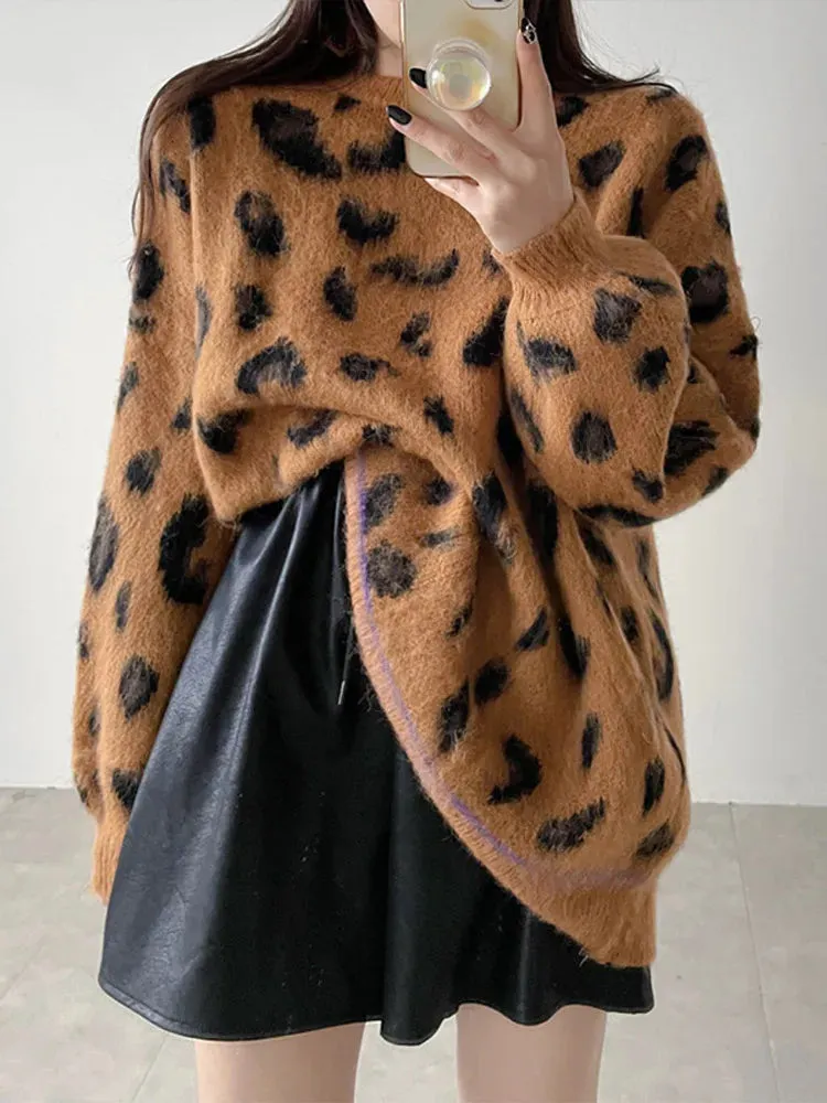 Leopard Print Warm Oversized Pullover Women Elegant Round Neck Long Sleeve Sweater