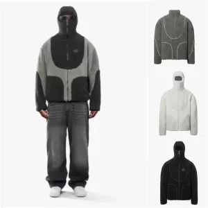 Man Cave Lamb Wool Hooded Zipper Coat Sweatshirt Patchwork Line Design Male Tops Casual