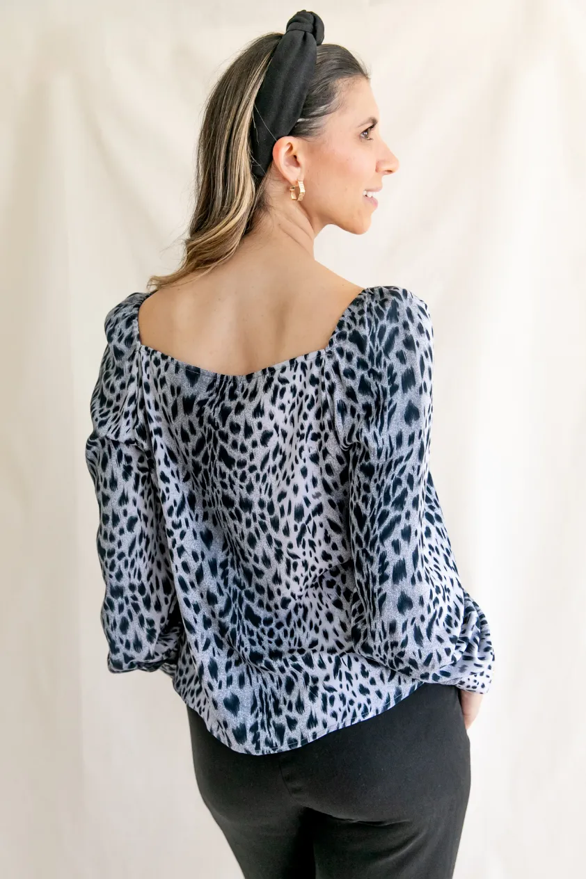 Maria Animal Print Grey Black Square Neck Puff Sleeve Shirt