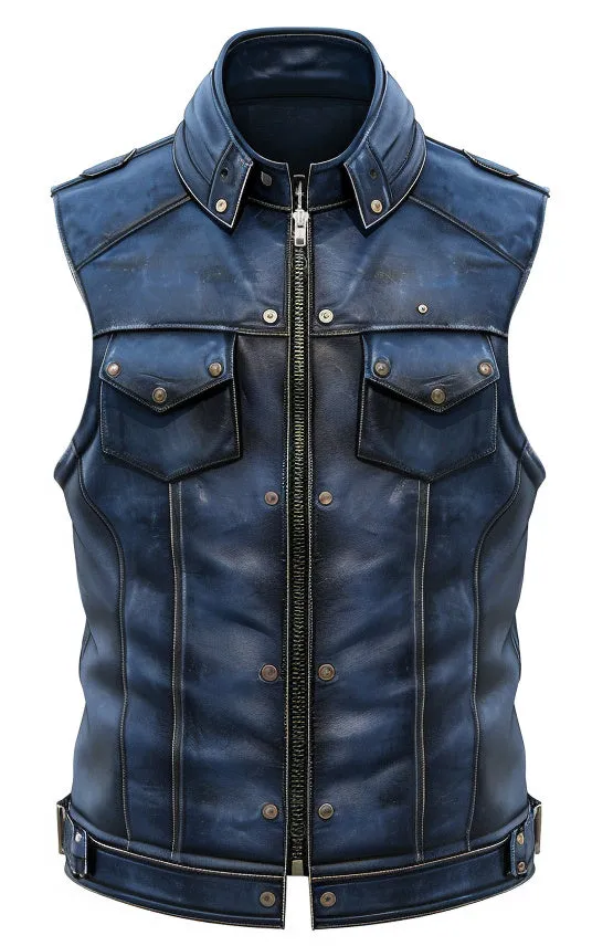 Men Distressed Blue Leather Vest