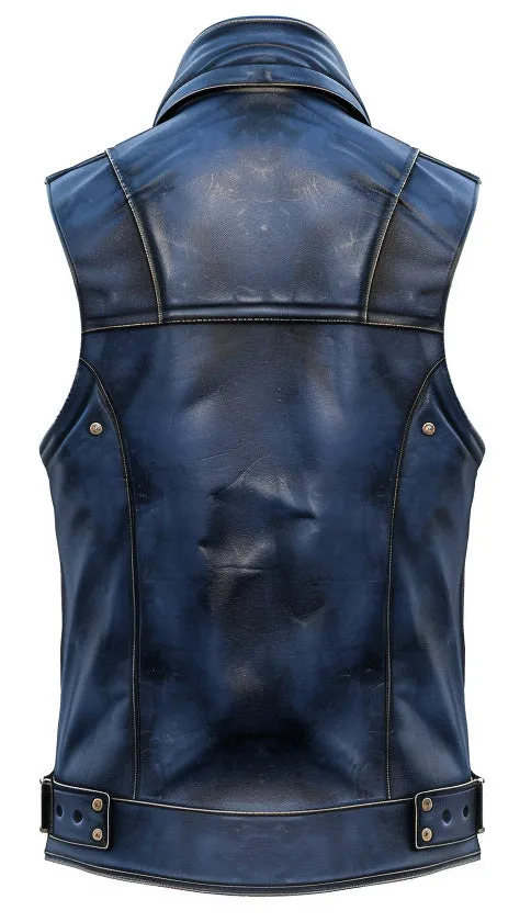 Men Distressed Blue Leather Vest