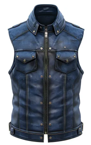 Men Distressed Blue Leather Vest