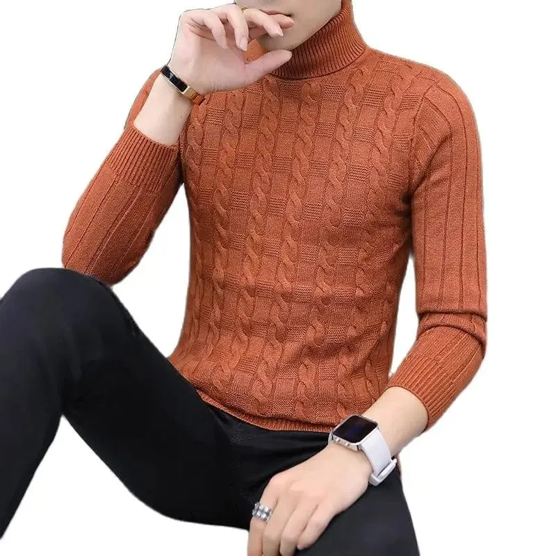 Men Fashion Slim Fit Warm Knitting Pullovers  Solid Korean Casual Turtleneck Sweater