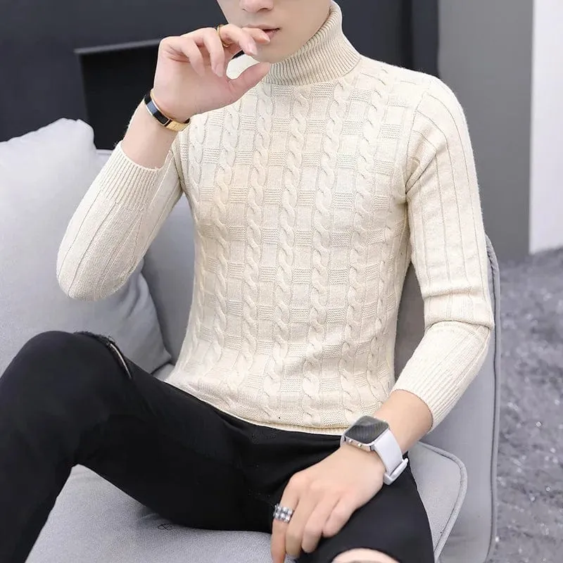 Men Fashion Slim Fit Warm Knitting Pullovers  Solid Korean Casual Turtleneck Sweater