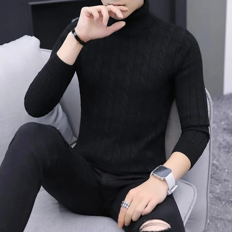 Men Fashion Slim Fit Warm Knitting Pullovers  Solid Korean Casual Turtleneck Sweater