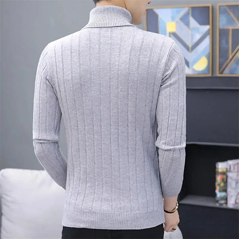 Men Fashion Slim Fit Warm Knitting Pullovers  Solid Korean Casual Turtleneck Sweater