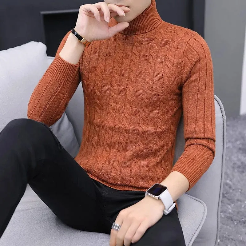 Men Fashion Slim Fit Warm Knitting Pullovers  Solid Korean Casual Turtleneck Sweater