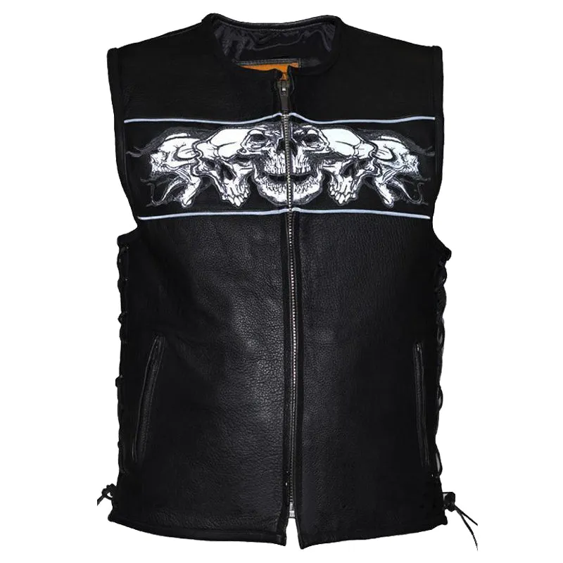 Mens Premium Leather Vest with Night Reflective Skulls