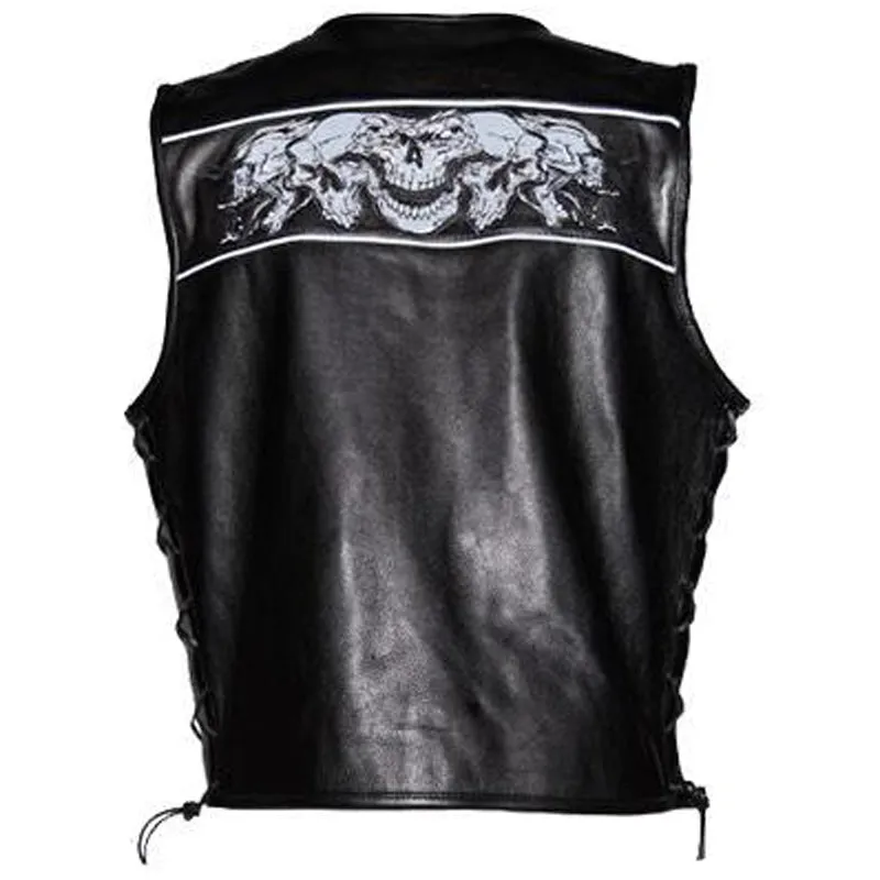 Mens Premium Leather Vest with Night Reflective Skulls