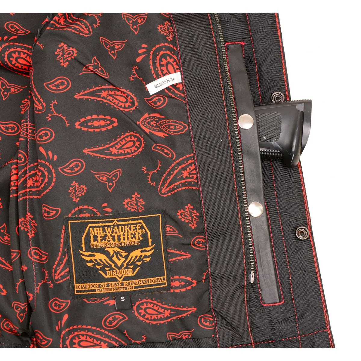 Milwaukee Leather MLM3526 Men's Black 'Paisley' Accented Red Stitching Leather Vest – w/ Armhole Trim Open Collar Design