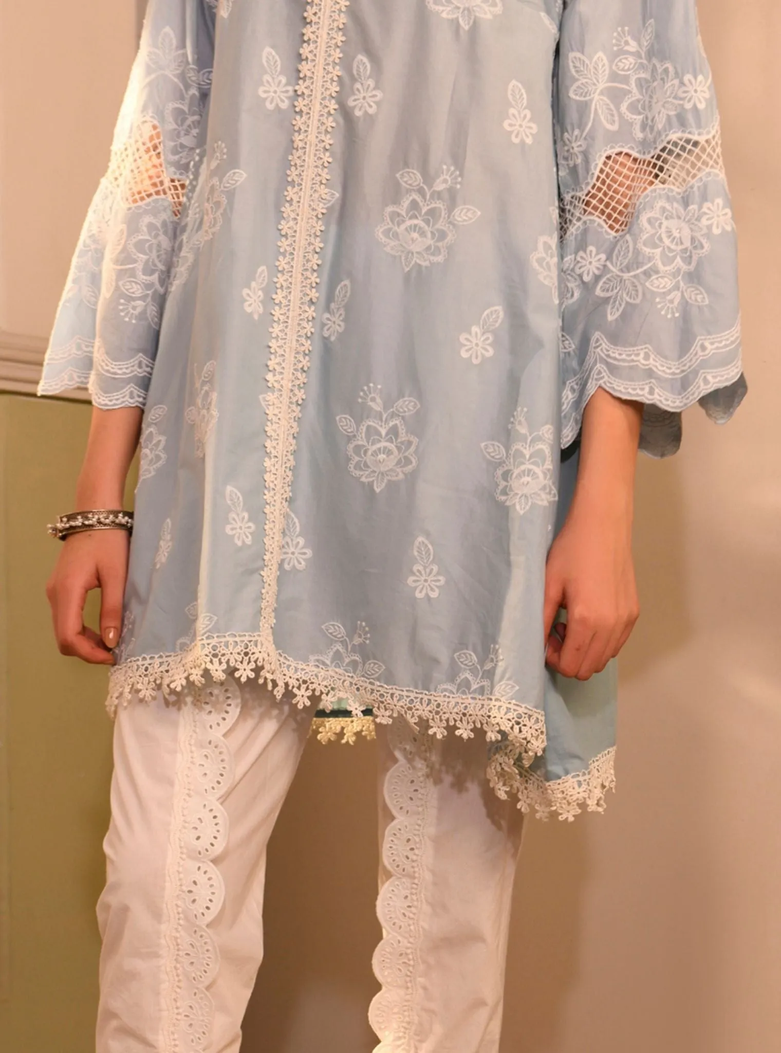 Mulmul Cotton Azara Light Blue Kurta With Mulmul Cotton Border White Dhoti Pant