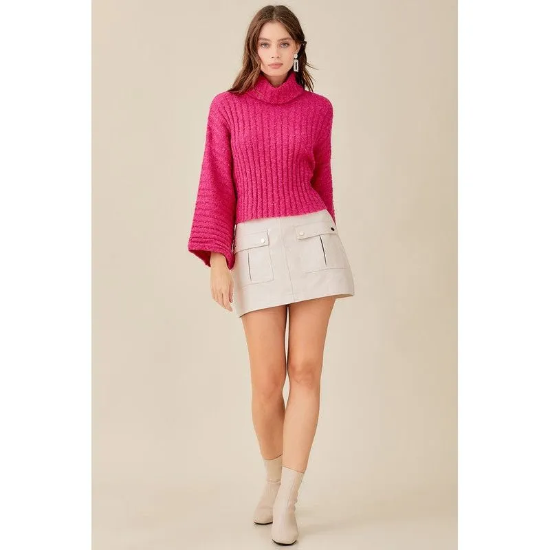 MUSTARD SEED Hot Pink Turtleneck Bell Sleeves Sweater