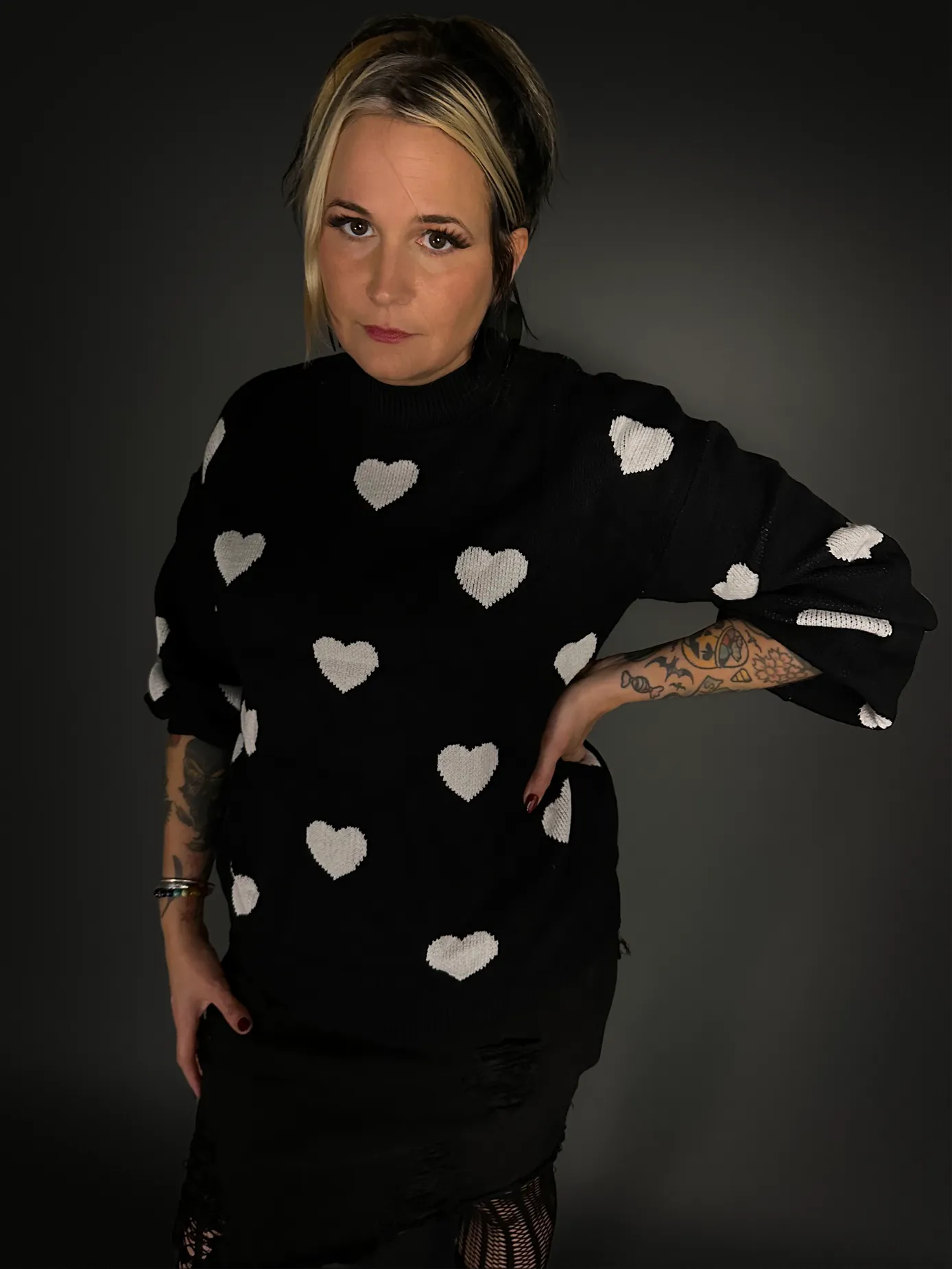 Oversized Black Crew Neck Sweater with White Hearts