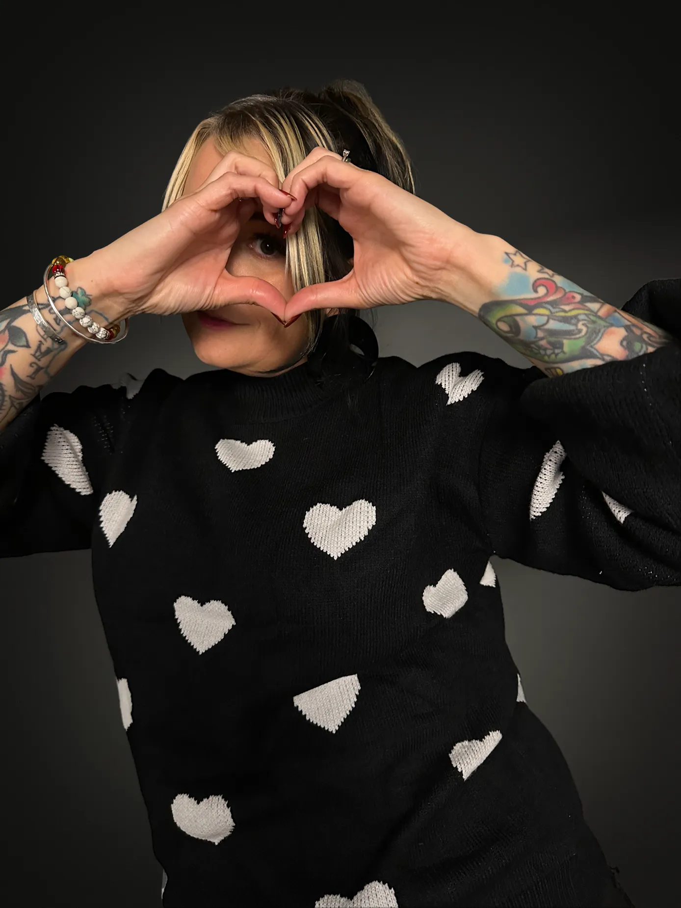 Oversized Black Crew Neck Sweater with White Hearts