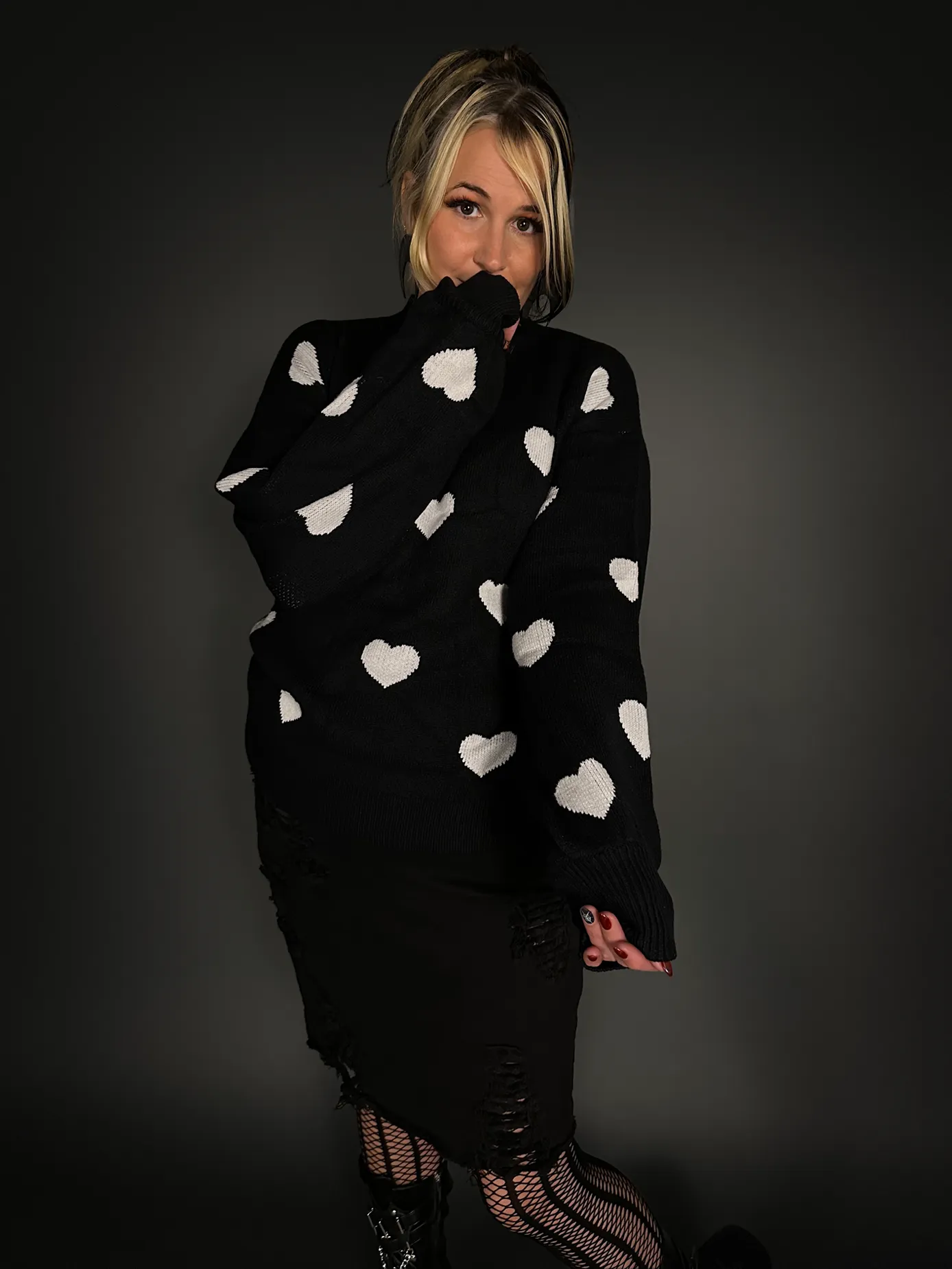 Oversized Black Crew Neck Sweater with White Hearts