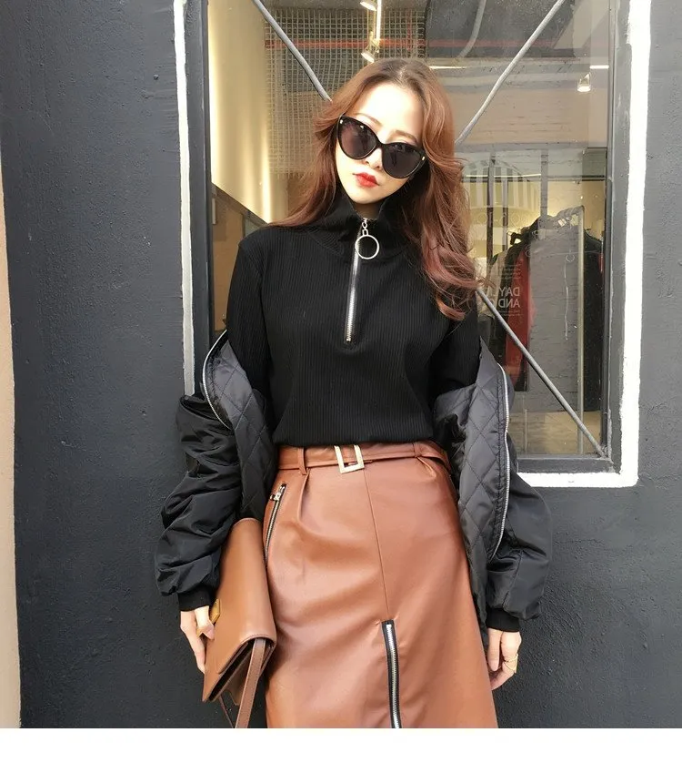 retro chic round ring zipper high collar pullover Korean basic warm T sweater for Femme