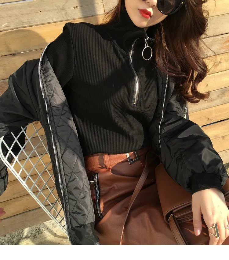 retro chic round ring zipper high collar pullover Korean basic warm T sweater for Femme