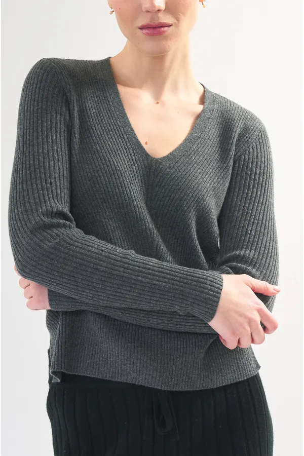 Robertson Madison 100% Cashmere V-Neck Sweater CC-265 | Dark Heather Grey | Clearance Final Sale