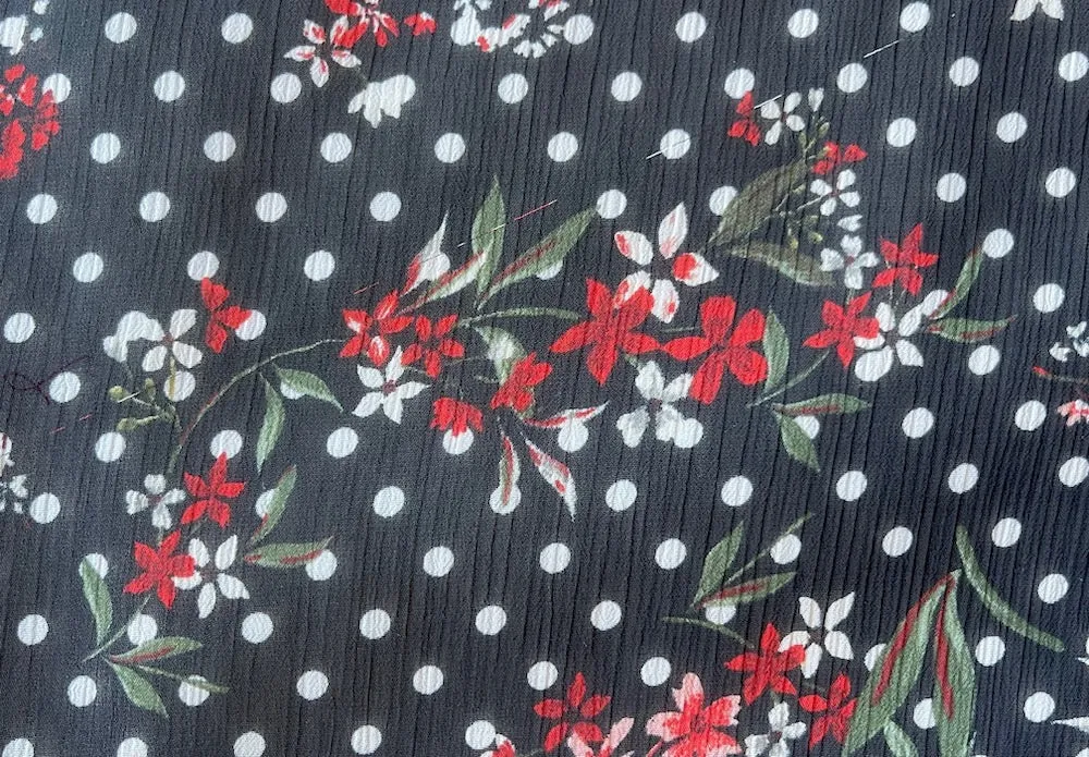 Semi-Sheer Delicate Carmine Flowers with White Dotted Black Polyester Chiffon (Made in Italy)