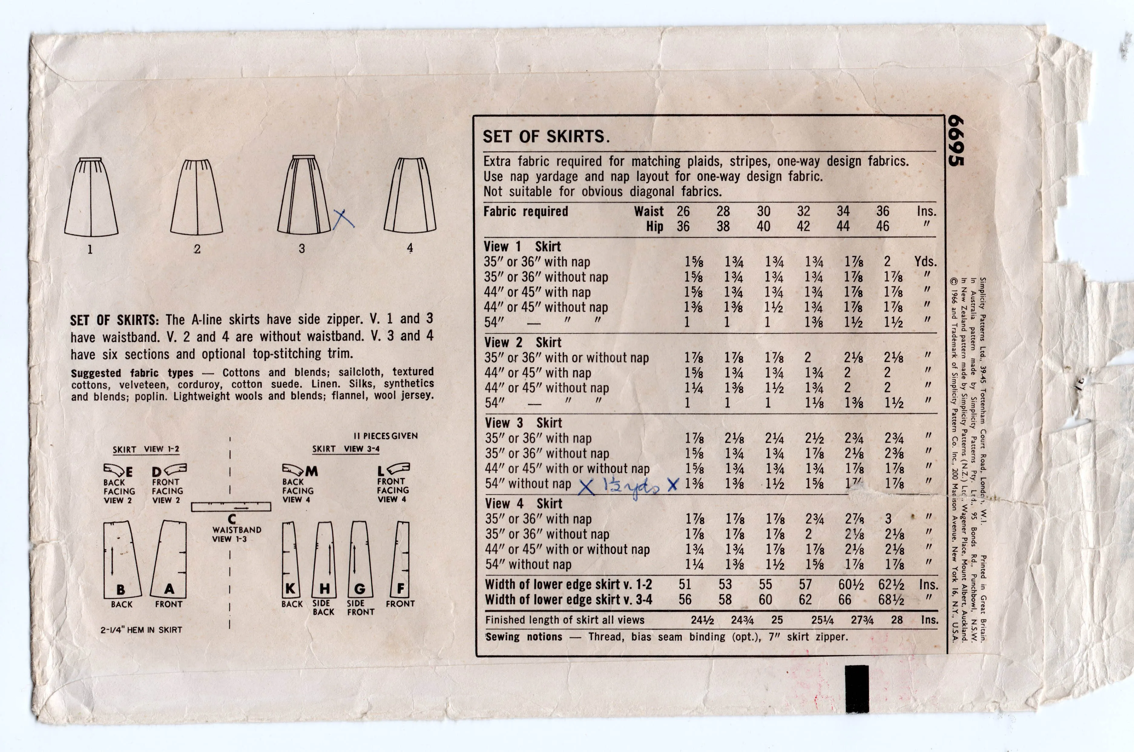 Simplicity 6695 Womens Classic A Line Skirts 1960s Vintage Sewing Pattern Waist 26 inches