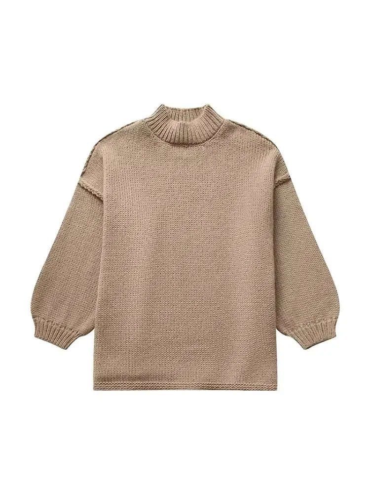 Solid Round Neck Splicing Knitted Pullover Women Basic Warm Long Sleeves Sweater