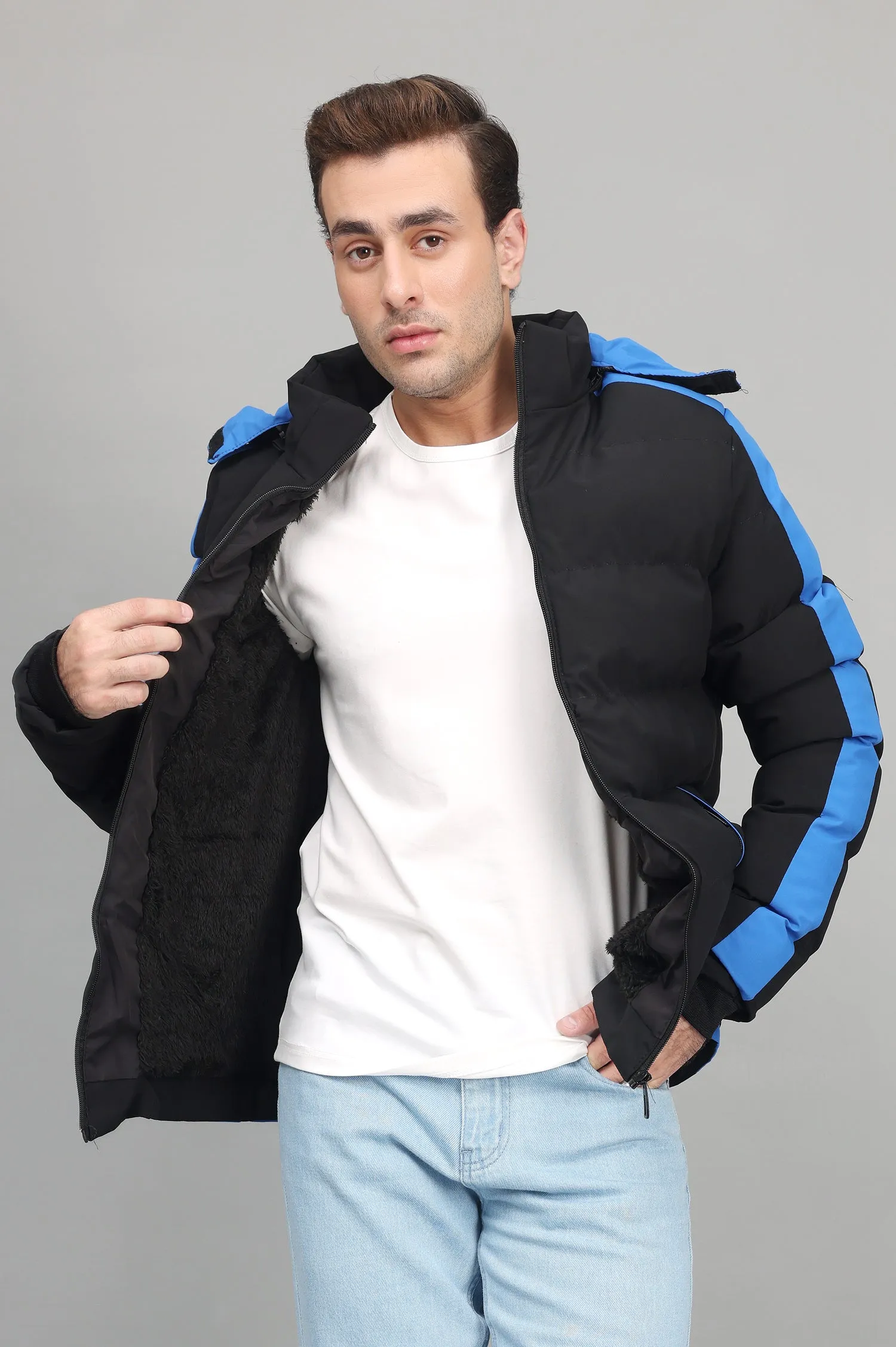 SPORTY HOODED PUFFER JACKET-BLK/BLUE